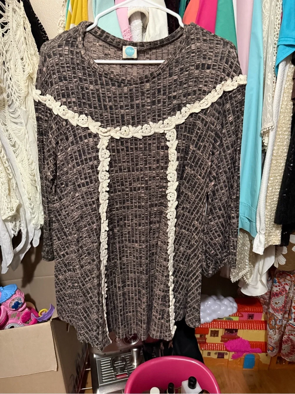 Neutral Brown Crochet-Trim Women's Sweater - Casual Comfort
